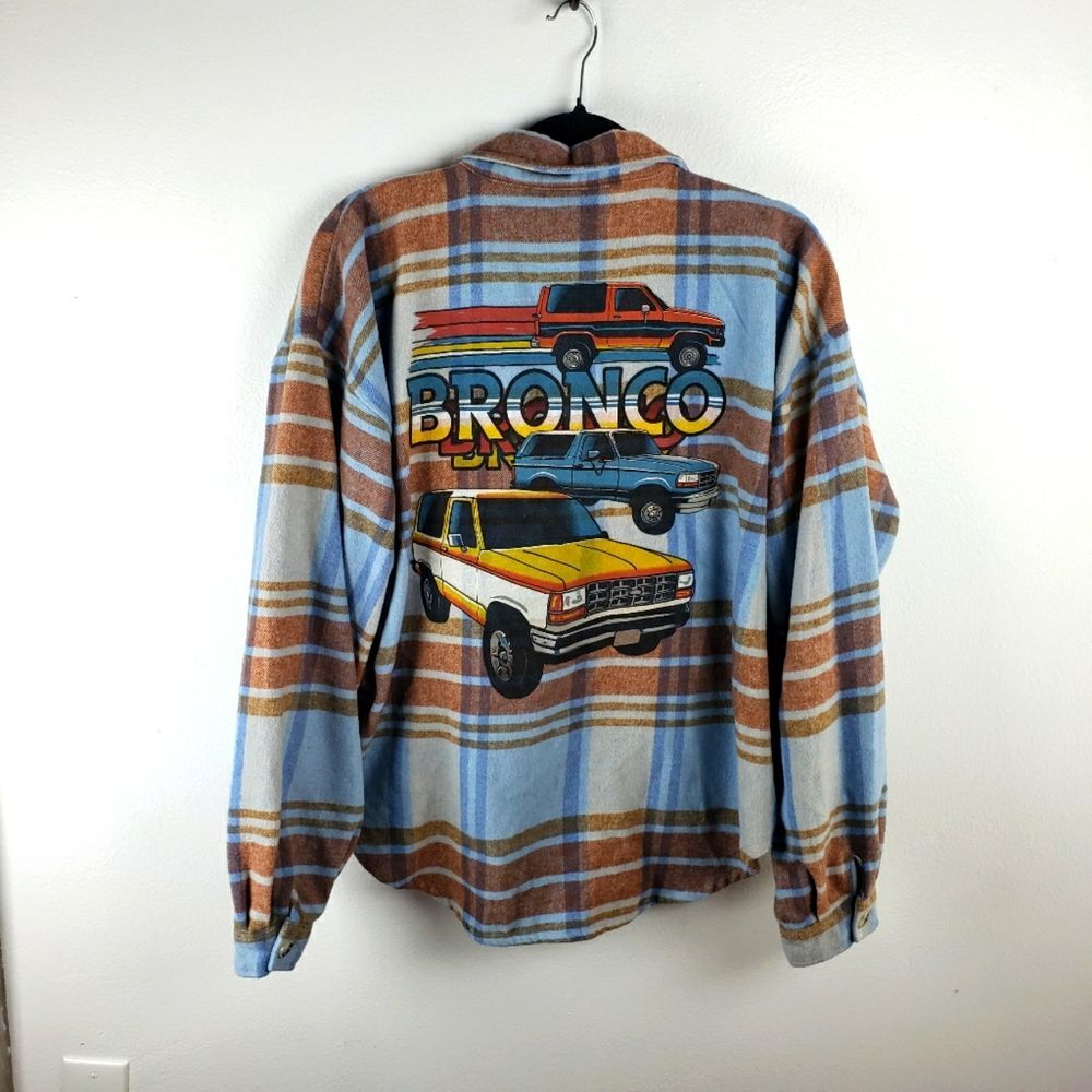 Women's Ford Blue Brown Plaid Ford Bronco Graphic Button Up Shirt Size XXL